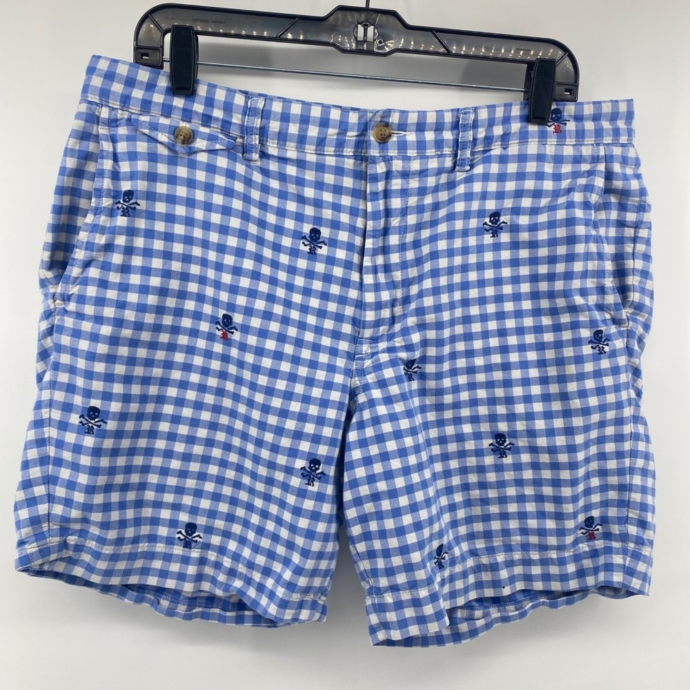 Polo Ralph Lauren Shorts Mens 36 Blue Gingham Skull Crossbones Straight Fit Prep